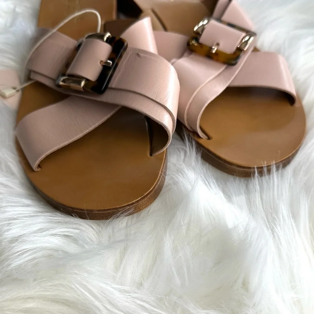 Sandal Leather Slides Neutral Blush Pale Pink Tortoise Shell Made in Italy W 9.5 - Picture 2 of 8